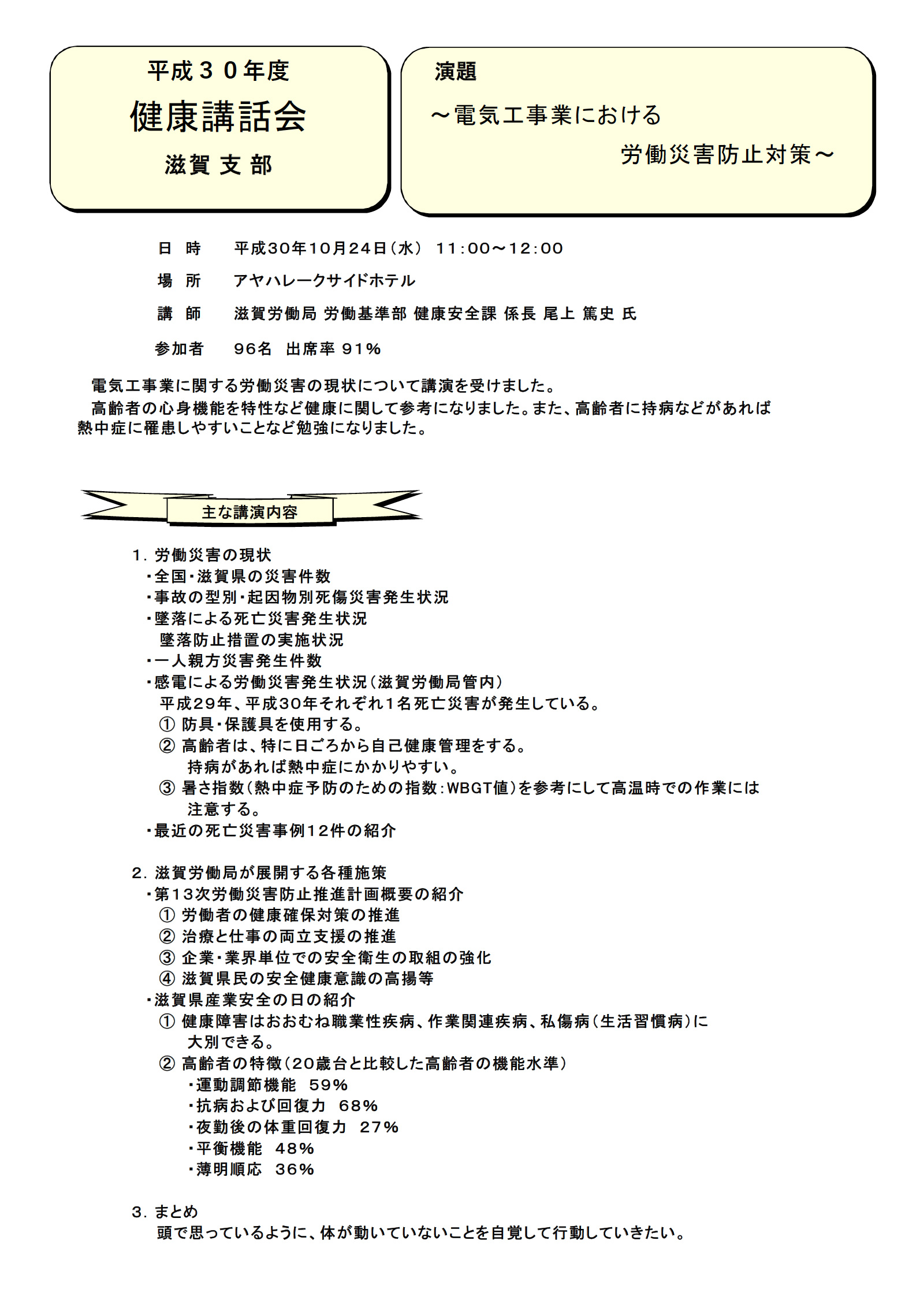 平成30年度健康講話会　滋賀支部